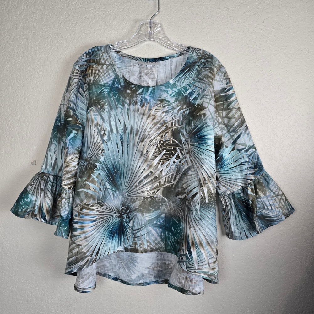 Bryn Walker Italian Fabric Linen Fran Blouse Tropical Palm Print Bell Sleeve M